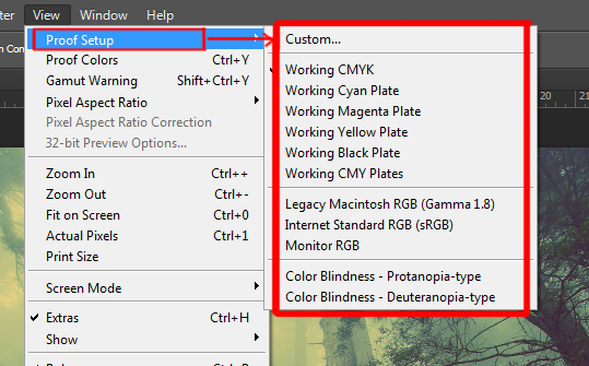 proof setup option under view menu in photoshop