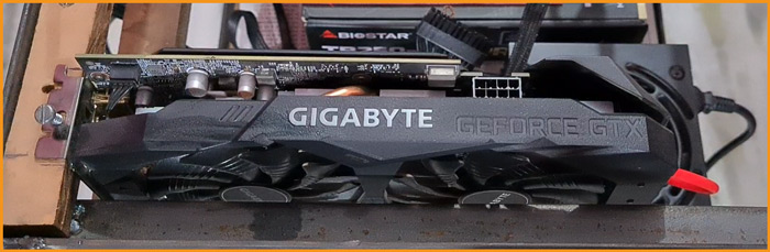 graphic card placed on the mining rig frame