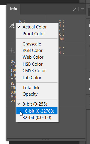 info panel in photoshop showing 8 bit number of colors, 16 bit number of colors and 32 bit
