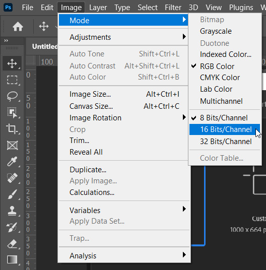 16 bits/channel under mode in image menu in photoshop