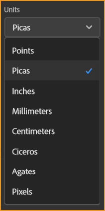 all units of measurement available under units option in new document dialog box in InDesign