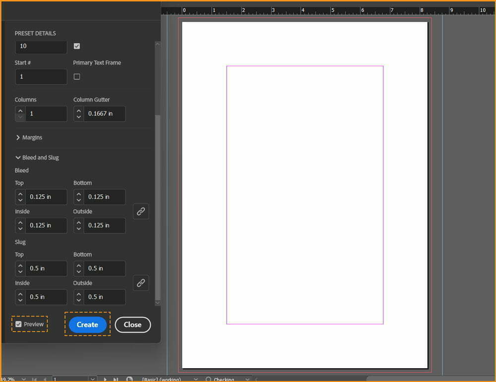 Preview checkbox and Create button in the new document dialog box in InDesign